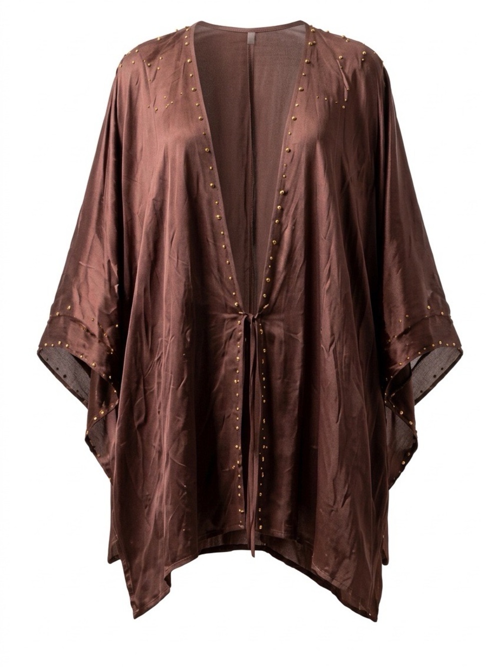 Stud-Trim Open-Front Brown Kimono Cardigan by Jaded by Knight
